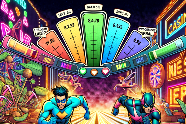 Two comic charactersâ€”FlatBet and ProgBetâ€”race through a neon-lit casino obstacle course, each facing different challenges and outcomes. Stats and comparison meters hover above in comic HUD style.