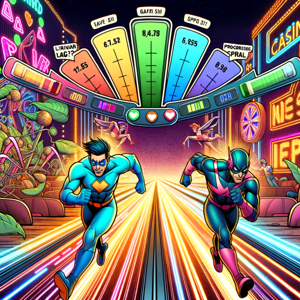 Two comic charactersâ€”FlatBet and ProgBetâ€”race through a neon-lit casino obstacle course, each facing different challenges and outcomes. Stats and comparison meters hover above in comic HUD style.